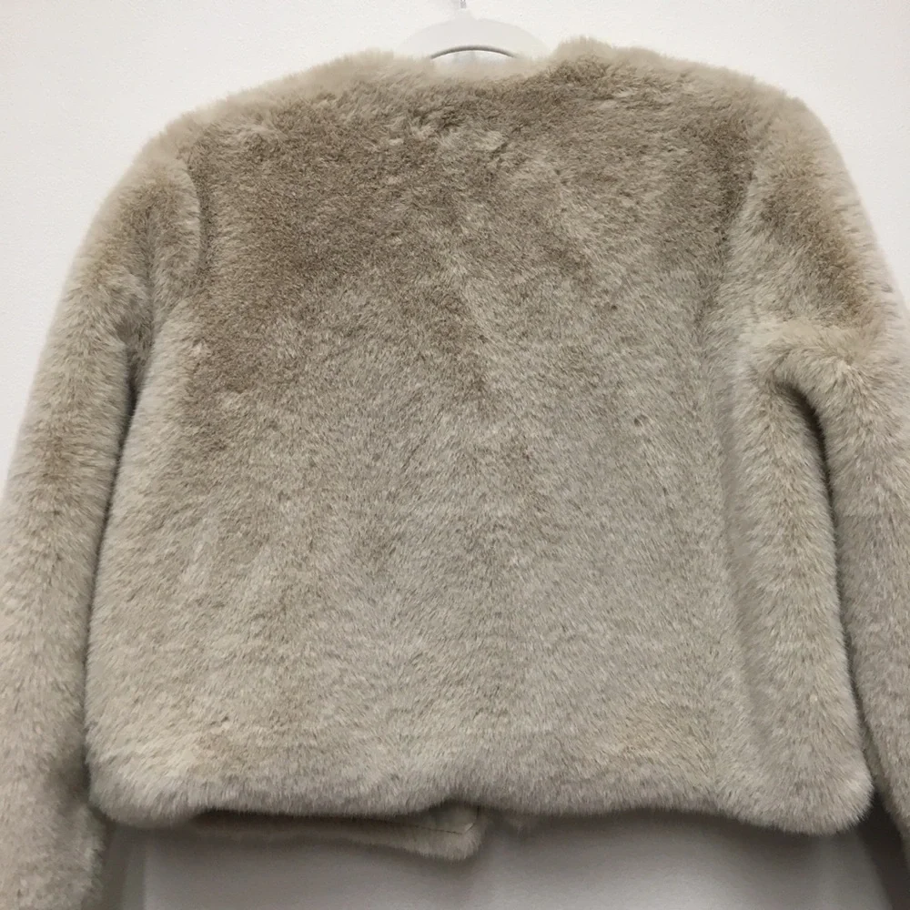 Fortunate One Crop Faux Fur Jacket Medium Tan Cream Open Front